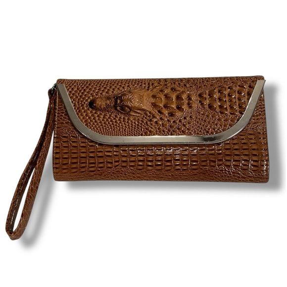 Vintage Faux Alligator Crocodile Wallet Wristlet Clutch with Checkbook Holder - Picture 3 of 6